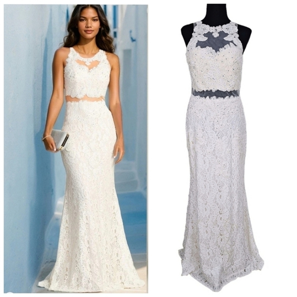 Fiesta Fashion Mock Two Piece Fitted Lace Embroidered Formal Prom Dress Sheer M